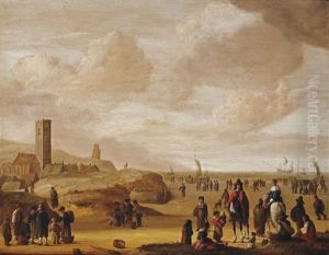 An Elegant Couple On Horseback With Fisherfolk On The Beach At Egmond-aan-zee by Cornelis Beelt
