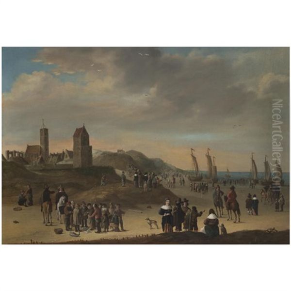 Elegant Figures Strolling On The Beach At Egmond Aan Zee, Sailing Vessels Moored On Shore, And Fisher Folk Selling Their Catch In The Foreground - view 1