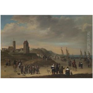 Elegant Figures Strolling On The Beach At Egmond Aan Zee, Sailing Vessels Moored On Shore, And Fisher Folk Selling Their Catch In The Foreground by Cornelis Beelt