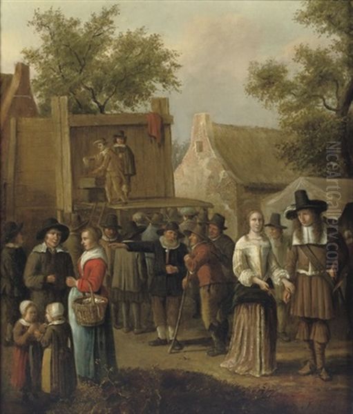 A Street Theatre In A Village With Figures Conversing - view 1
