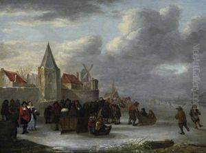 Eisvergnugen. Zahlreiche Personen, Schlittschuhlaufer Und Pferdeschlitten Auf Dem Eis Vor Einer Stadt by Cornelis Beelt