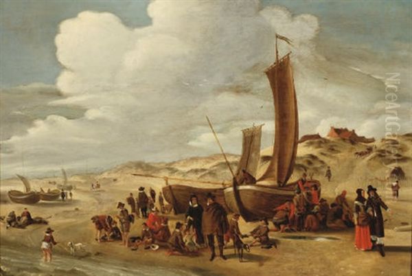 A Beach Scene With Fisher Folk And Moored Boats - view 1
