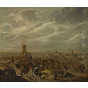 A View Of Egmond Aan Zee With The Oude Kerk, As Seen From The Dunes With Many Figures In The The Foreground