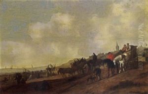 A Beach Scene With Fishermen Unloading Their Catch, And Figures Arriving In Horse-drawn Carts Together With Their Dogs, A Church Tower And A Village Beyond by Cornelis Beelt