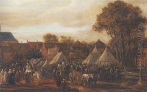 A Horse Fair (valkenburg?), With Figures In Wagons And On Horseback By Booths Outside The Town Walls by Cornelis Beelt