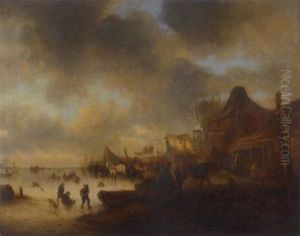A Winter Landscape With A Village And Children Playing On The Ice In The Foreground