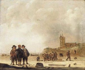 The Beach At Egmond Aan Zee, With Three Fishermen Conversing In The Foreground, A Fishmonger Selling His Catch Beyond
