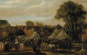 A Horse Fair (at Valkenburg?), With Figures In Wagons And On Horseback By Booths Outside The Town Walls by Cornelis Beelt