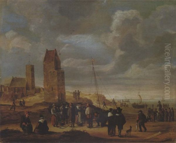 A View Of Egmond-aan-zee With Fisherfolk On The Beach - view 1