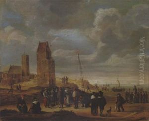 A View Of Egmond-aan-zee With Fisherfolk On The Beach by Cornelis Beelt