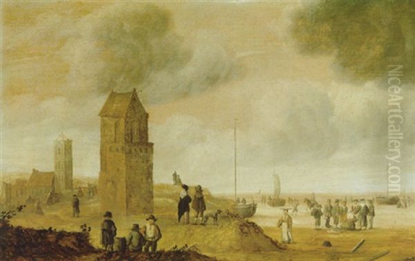 Hollandische Strandlandschaft Mit Vielen Figuren Und Einem Turm - view 1