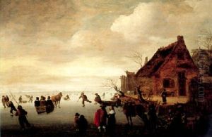 A Winter Landscape With Figures Skating On A Frozen River, A View Of Haarlem On The Horizon