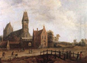 Flemish Village With Peasants Near Church And Bridge Flemish Village With Peasants Near Church And Bridge