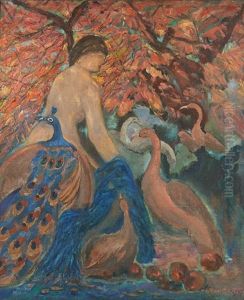 Jeune Femme Nue Aux Paon Et Oiseaux by Gaston De Beer