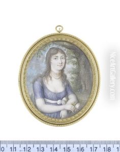 A Lady, Standing In A Landscape, Holding A Rose, Wearing Blue Dress With White Sash To Her Waist Tied In A Ribbon Bow...