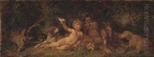 A Putto And Faun Making Merry In The Forest by Wilhelm Amandus Beer