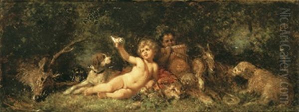 Putto Und Kleiner Faun Mit Jagdbeute - view 1