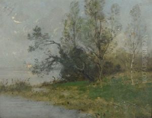 Pecheur Au Bord D'un Lac Carton Signe En Bas A Droite 22 X 27 Cm by Jan van Beers