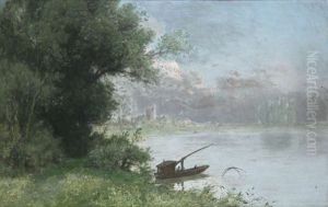 Pecheur Au Bord De La Rive Avec Village A L'arriere-plan Pecheur Au Bord De La Rive Avec Village A L'arriere-plan