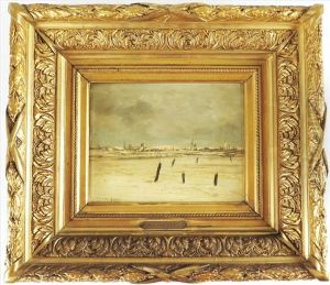 Winter Scene With Figures Skating And A Town In The Distance by Jan van Beers