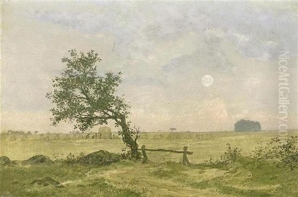 Paysage Au Coucher Du Soleil Avec Moissonneurs - view 1