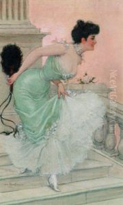 An Elegant Lady On A Stairway by Jan van Beers
