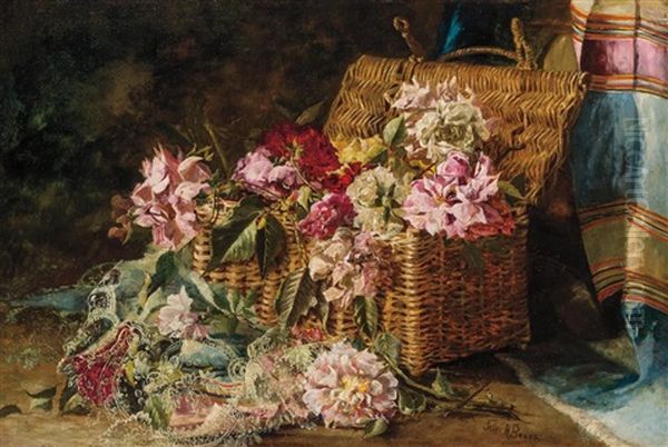 Still Life Of Roses In Wicker Basket - view 1