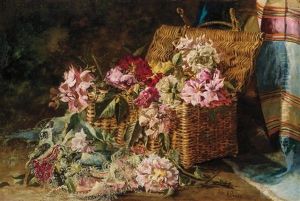 Still Life Of Roses In Wicker Basket by Julie (Hart) Beers