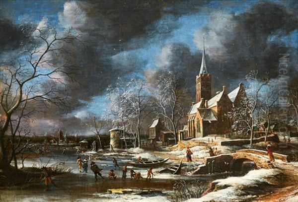 A Winter Landscape With Skaters Near The Church In Beverwijk - view 1