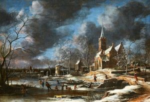 A Winter Landscape With Skaters Near The Church In Beverwijk