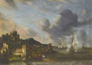 A Dutch Man O War Firing Its Guns By A Fortified Castle Town, Hills Rising To The Left