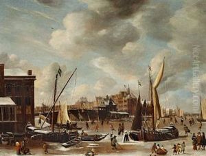 A View Of The Nieuwe Brug And The Paalhuis In Amsterdam With Townsfolk Skating On The Frozen Canal by Abraham Beerstraten