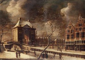 The Heiligewegspoort, Amsterdam, From The North-east In Winter, With Skaters On The Frozen Canal by Abraham Beerstraten