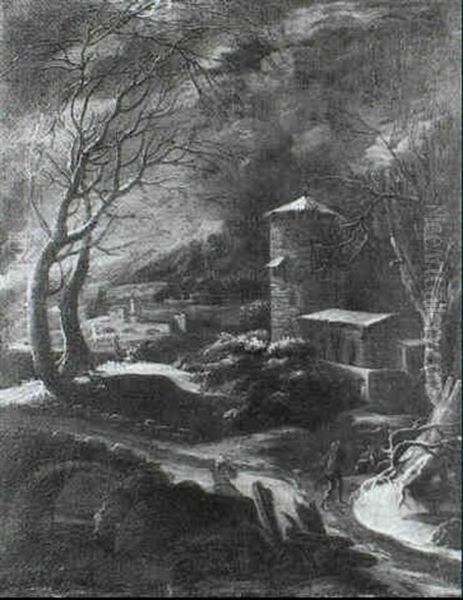 A Winter Landscape With A Traveller Approaching A Tower - view 1