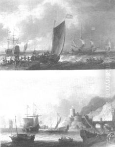 Dutch Estuary Scene With Men O'war, A Barge And Figures On The Shore Dutch Estuary Scene With Men O'war, A Barge And Figures On The Shore