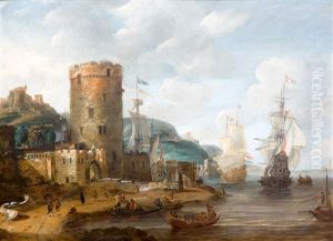 A Capriccio Of A Mediterranean Harbour With Dutch Ships At Anchor And Elegant Figures Embarking A Boat