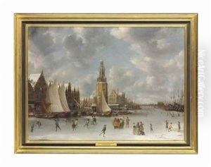 View Of The Munttoren On The Frozen Anstel, Amsterdam, With Figures Skating