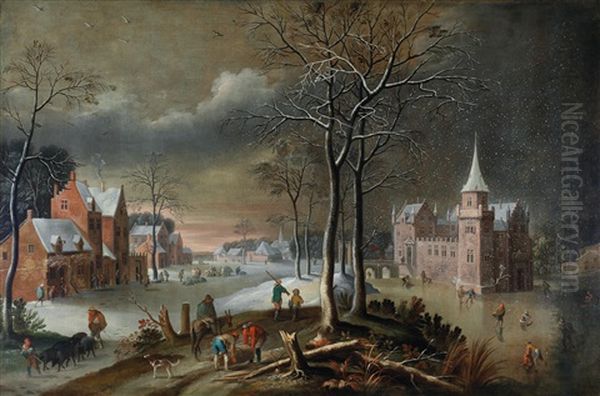 A Winter Landscape With Figures Skating Near A Moat - view 1