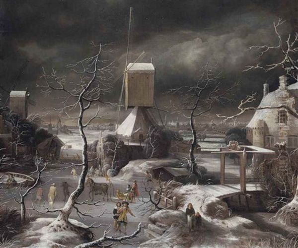 A Winter Landscape With A Horse-drawn Sledge, Skaters And Golfers On A Frozen Waterway By A Windmill, Amsterdam And The Ij Beyond - view 1