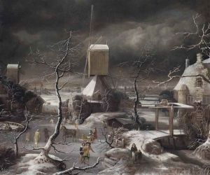 A Winter Landscape With A Horse-drawn Sledge, Skaters And Golfers On A Frozen Waterway By A Windmill, Amsterdam And The Ij Beyond