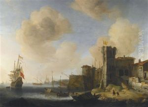 A Mediterranean Harbour, With The Dutch Vessel Profeet Elias At Anchor by Jan Abrahamsz. Beerstraten