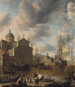 A Mediterranean 'capriccio' Harbour With Figures Conversing On A Quay And A Dutch Three-master Mooring Beyond by Jan Abrahamsz. Beerstraten