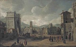 A 'capriccio' View Of A Town Square With Figures By The Arch Of Constantine, Others Dancing And Making Music