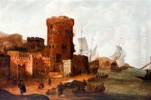 Capriccio Van Een Mediterrane Haven Met Vestingstoren, Schepen En Handelaren