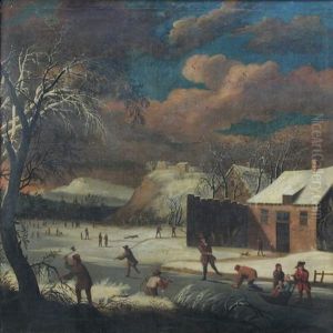 Winter - With Skaters On A Frozen Lake And Peasants Chopping Wood by Jan Abrahamsz. Beerstraten