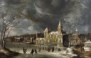 Patineurs Devant Le Chateau De Buren Sous La Neige