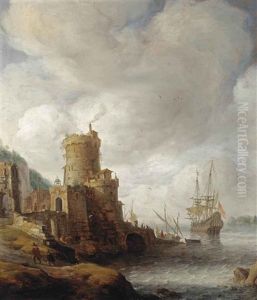 A Mediterranean Capriccio Harbour With A Dutch Man-o-war Mooring by Jan Abrahamsz. Beerstraten