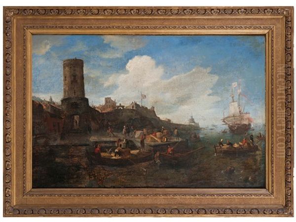 A Busy Harbour Scene With Small Boats Loading At A Waterfront - view 1