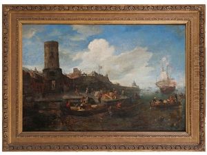 A Busy Harbour Scene With Small Boats Loading At A Waterfront