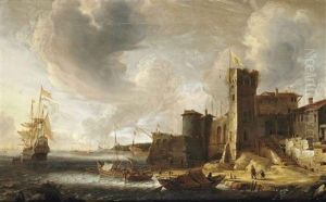 An Italianate Harbourscene With The Dutch Fleet At Bay